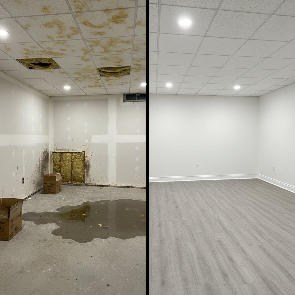 Water Damage Restoration before and after in residential basement, Garfield NJ