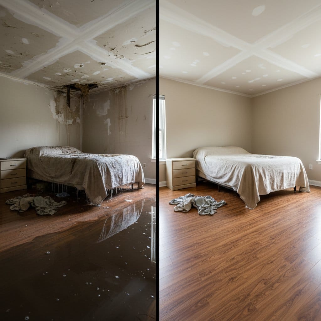 Before and after emergency water removal in Garfield two-story residence bedroom