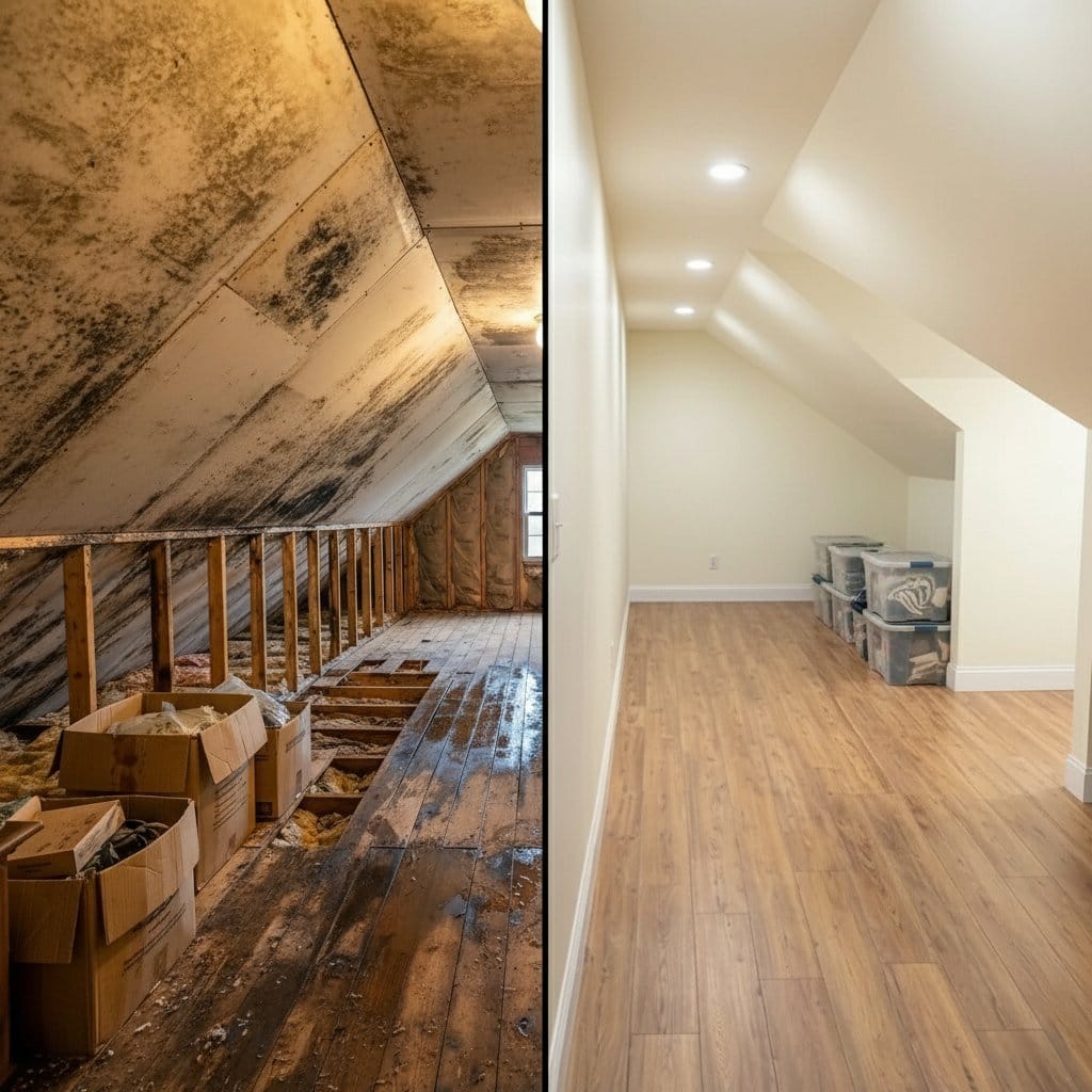 Before and after basement flood cleanup in Garfield commercial property attic space