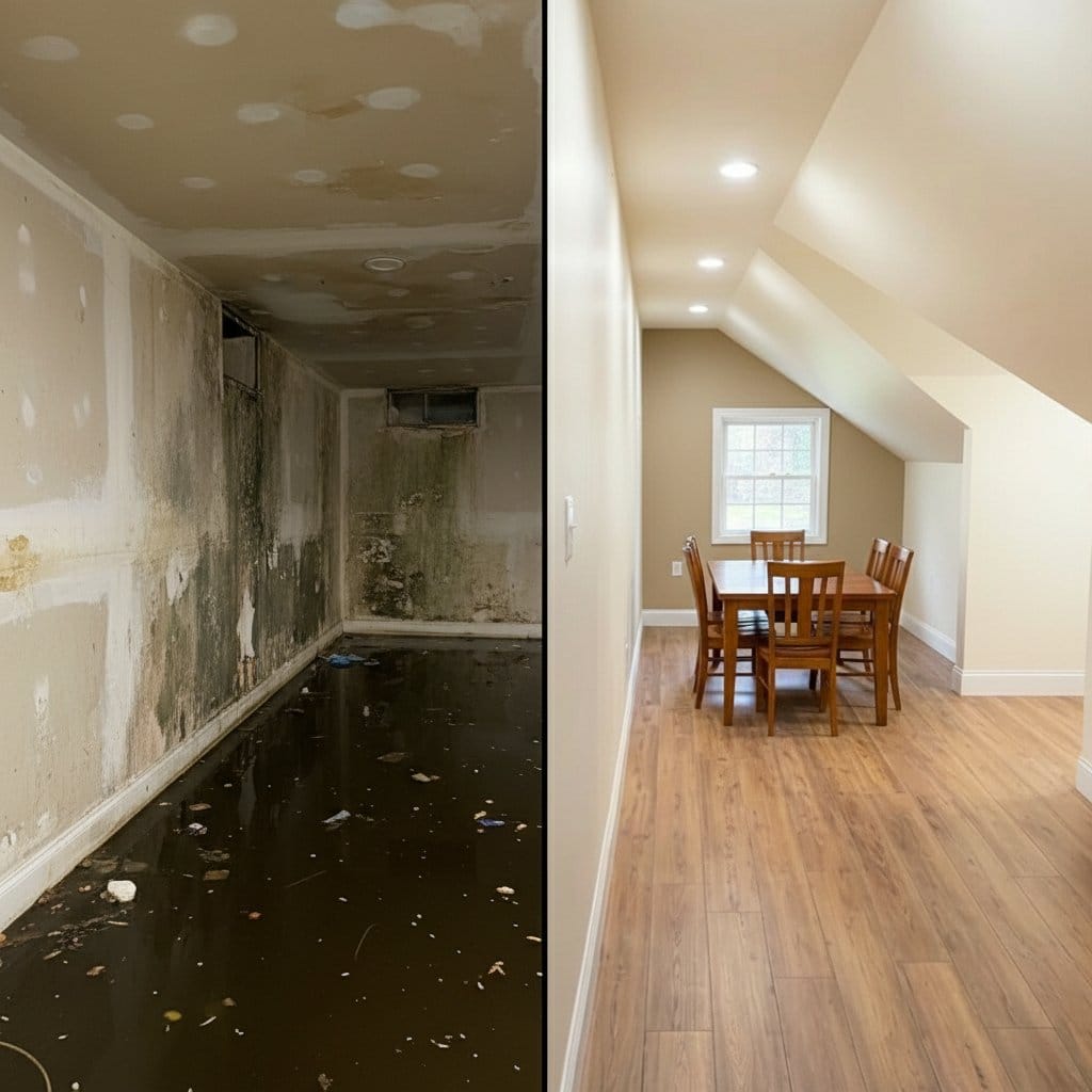 Before and after burst pipe & plumbing leak damage in Garfield bungalow dining room
